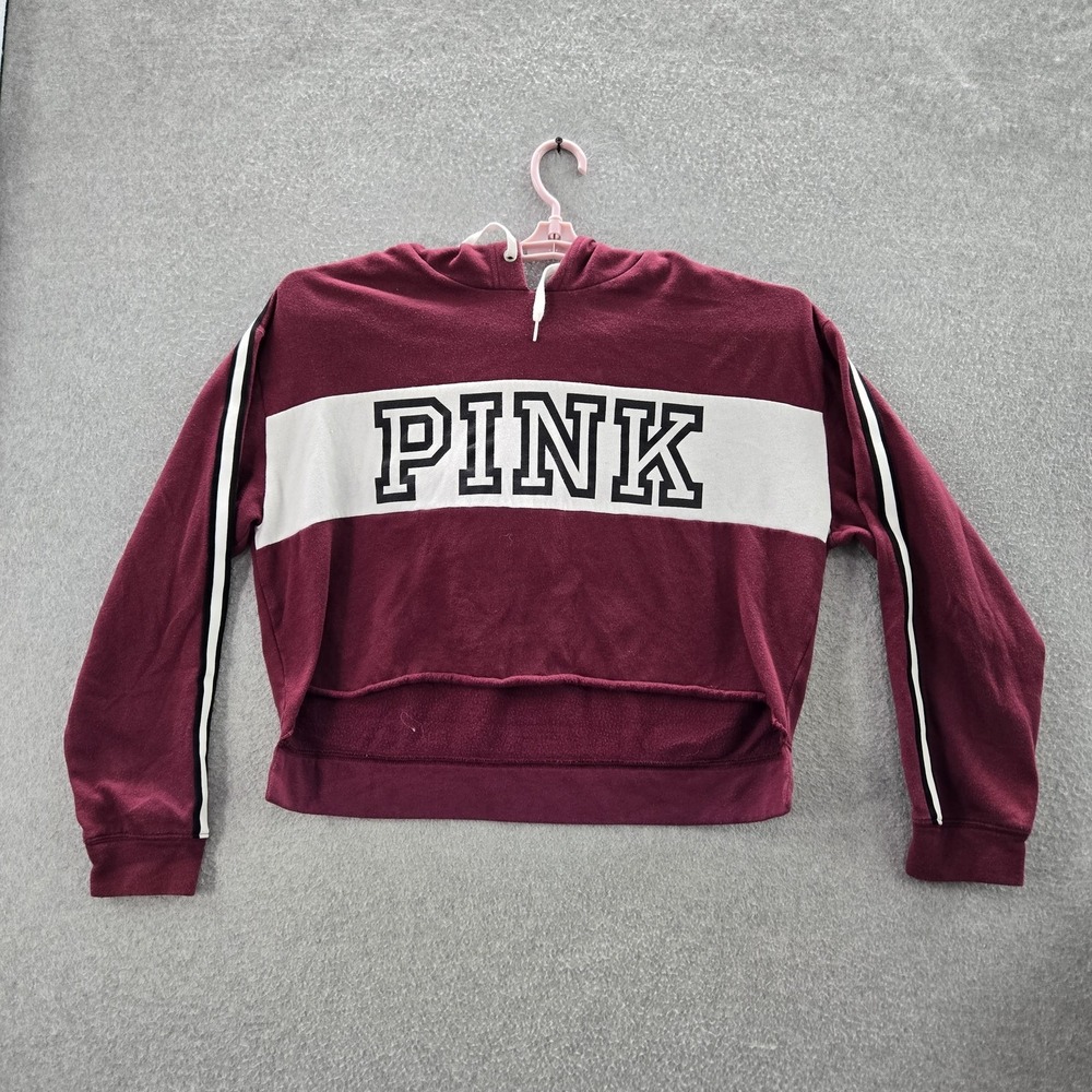Victoria's Secret PINK Women Hoodie L Red Fleece Logo Stripe Long Sleeve